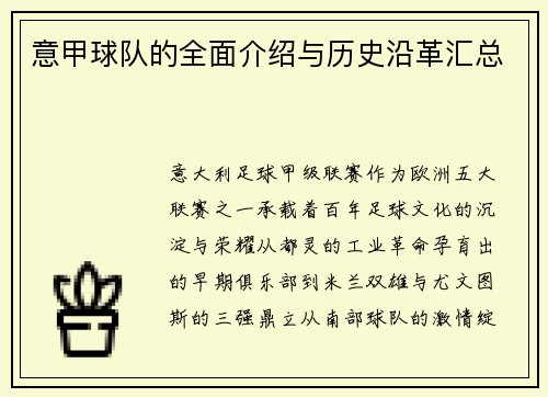 意甲球队的全面介绍与历史沿革汇总